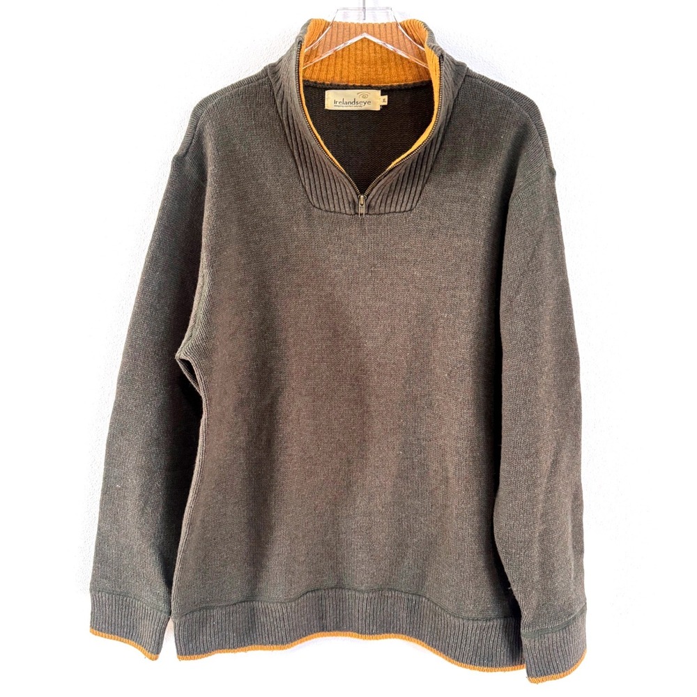 IrelandsEye Men's 1/4 Zip Wool Sweater XL Olive Green Mustard Trim Mock Neck